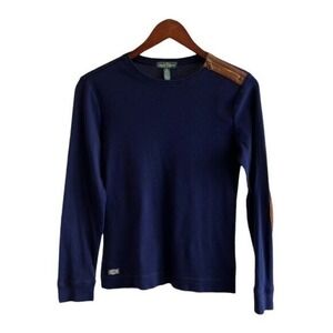 Lauren Ralph Lauren Womens Navy‎ Blue Cotton Long Sleeve Tee Suede Trim Large